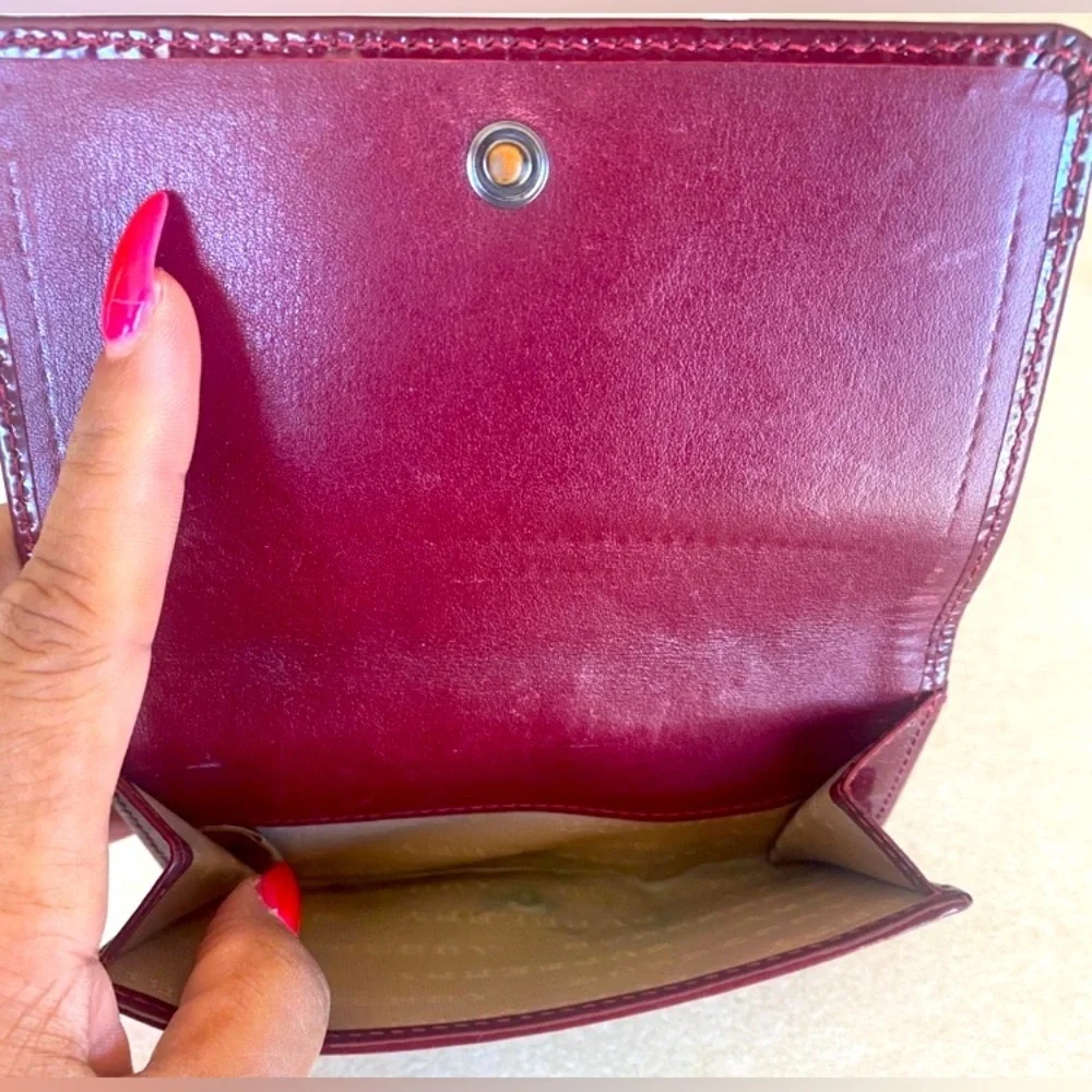 BURBERRY Maroon & Tan Star Print Canvas & Patent Leather Wallet, EUC